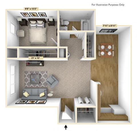Floor plan for 1 bed, 1 bath, 672 sqft